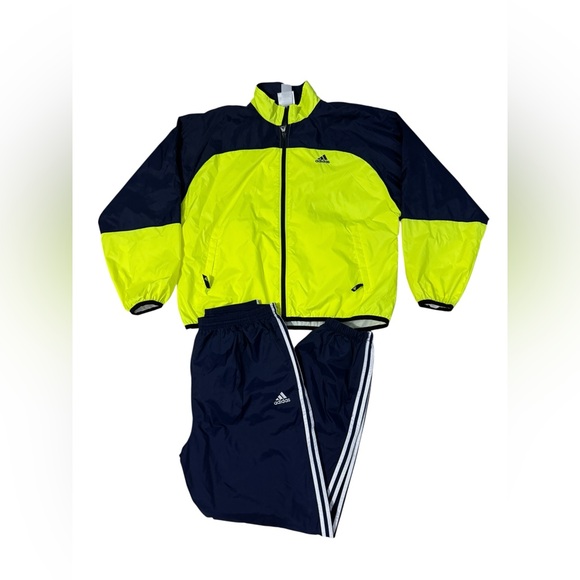 VTG Adidas Tracksuit Set Mens XL Neon Yellow Navy Nylon Mesh Lined 90s - Picture 1 of 15
